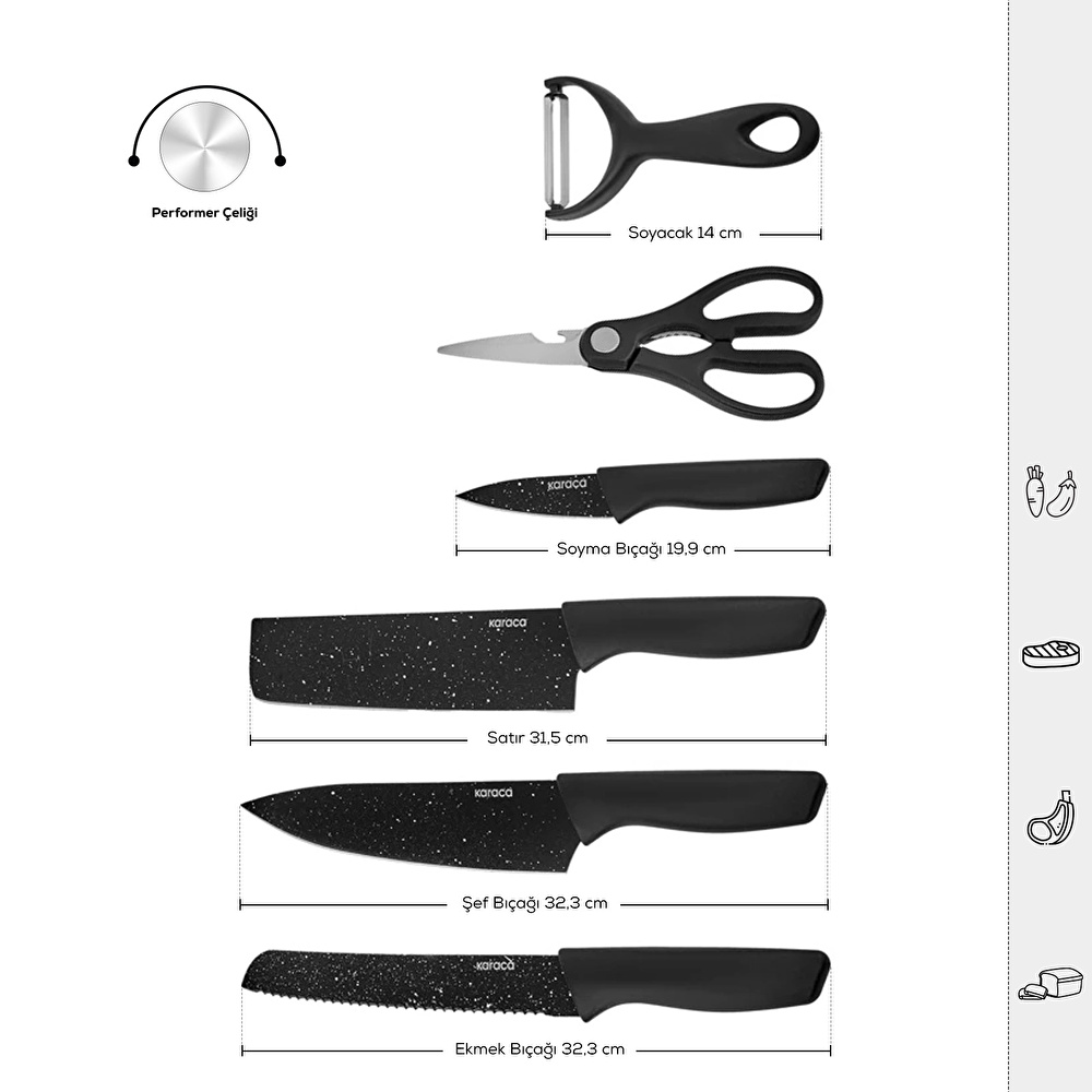 Karaca Black Stone 6 Parça Makas ve Soyacaklı Bıçak Seti  görseli 2