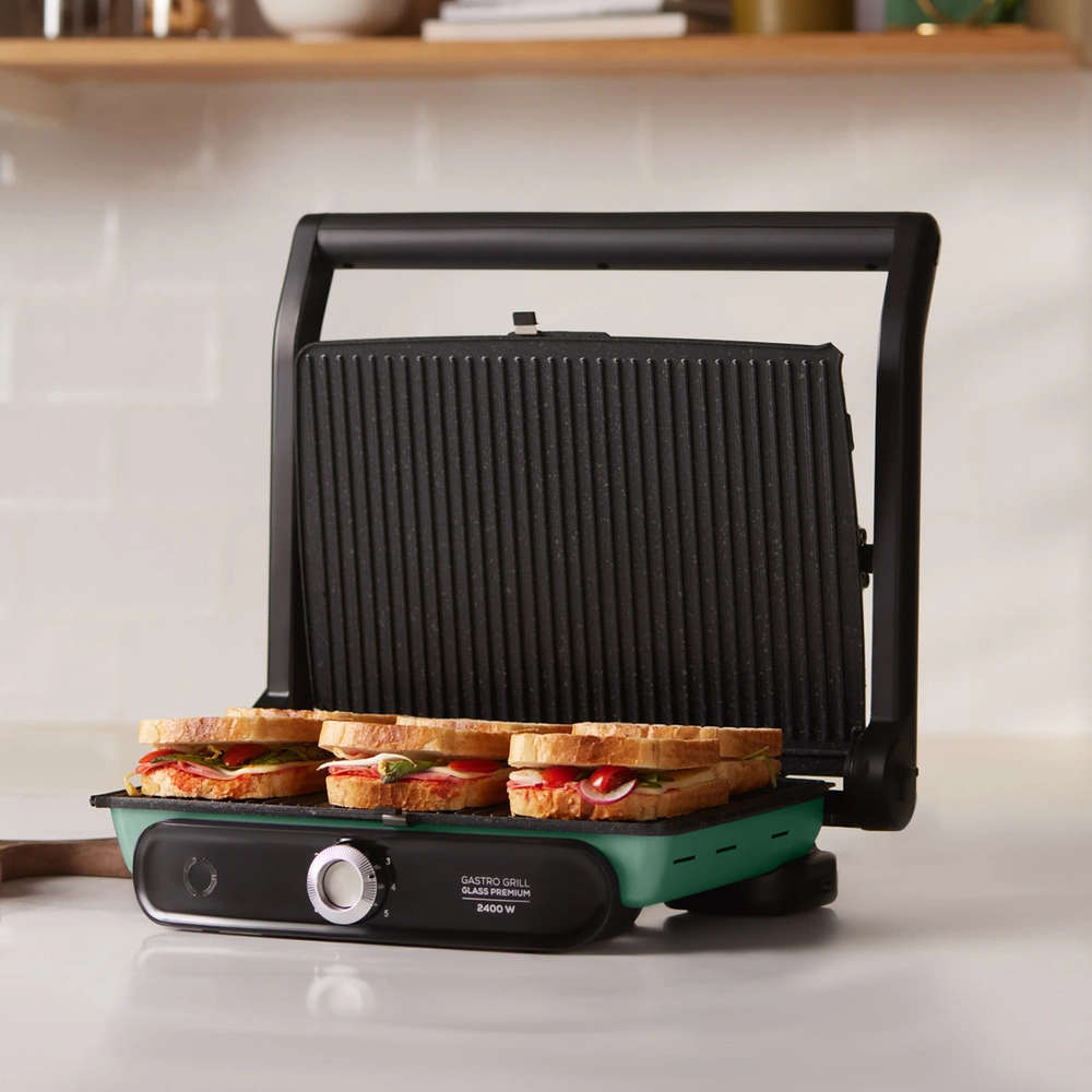 Karaca Gastro Grill Glass Premium 2400W Döküm Tost ve Izgara Makinesi Blue Mist 6 Dilim Kapasiteli görseli 2