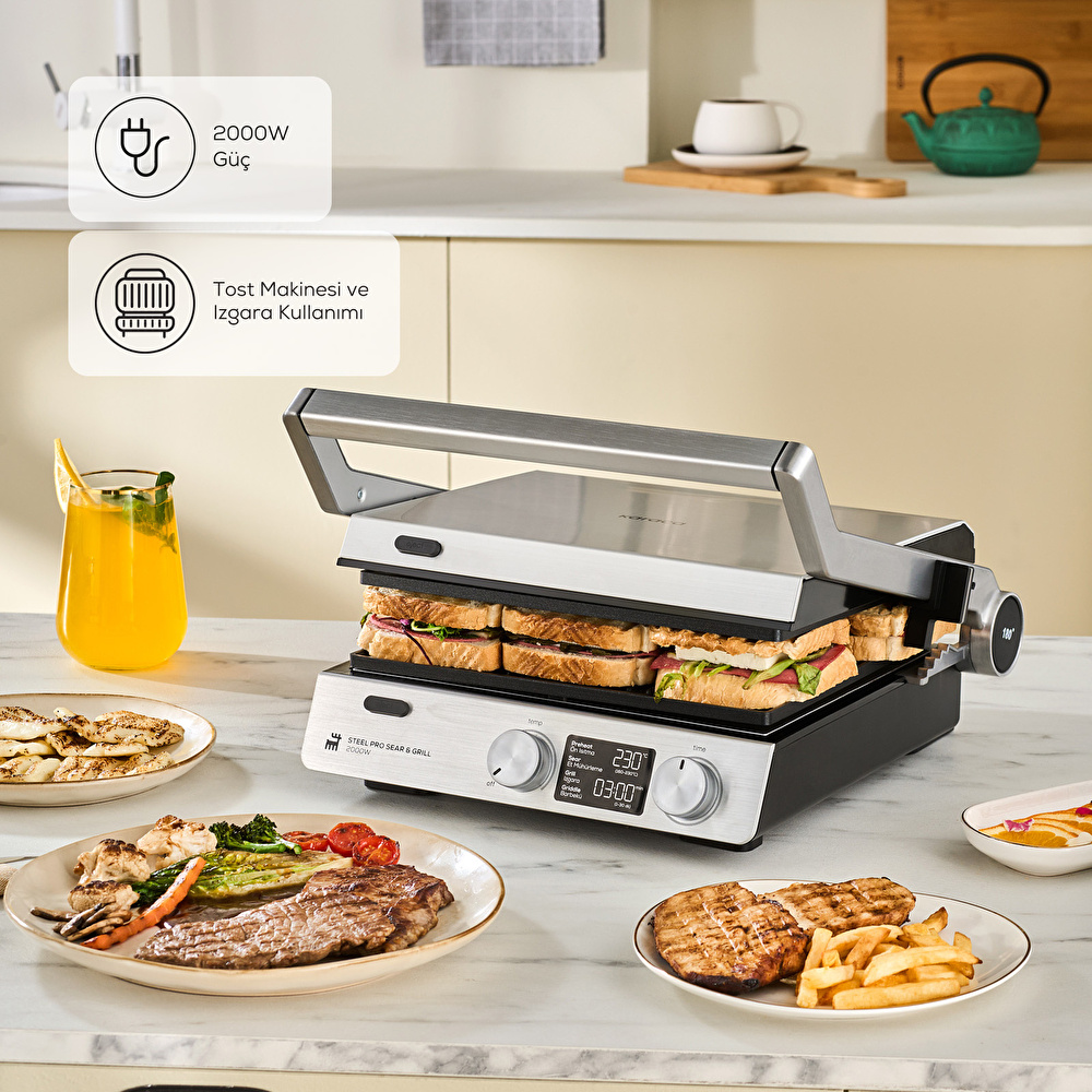 Karaca Compact Steel Pro Sear and Grill Inox 2007 Döküm Izgara ve Tost Makinesi 6 Dilim Kapasiteli görseli 7