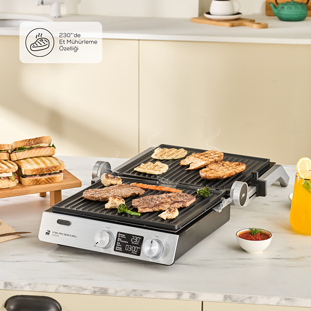 Karaca Compact Steel Pro Sear and Grill Inox 2007 Döküm Izgara ve Tost Makinesi 6 Dilim Kapasiteli görseli 2
