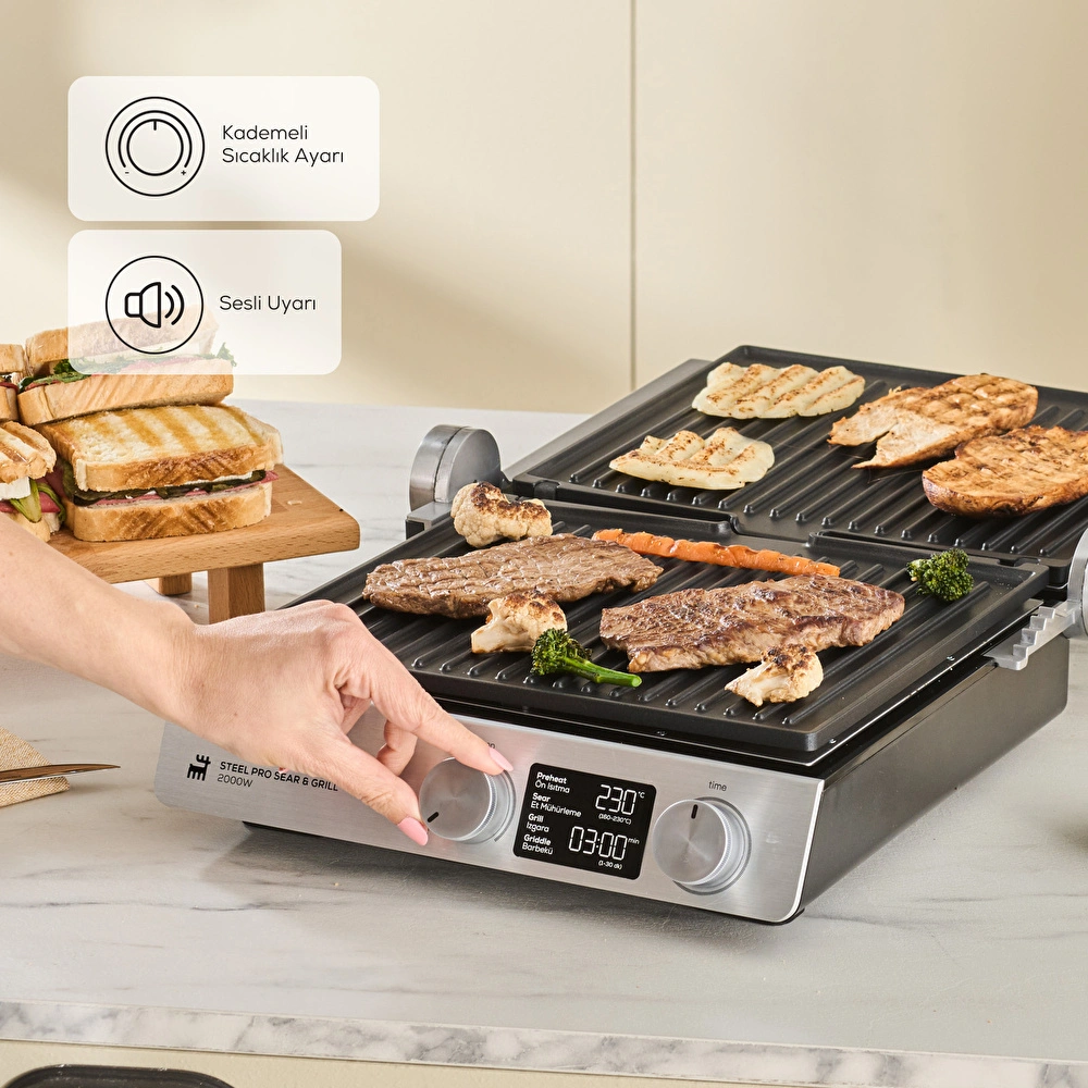 Karaca Compact Steel Pro Sear and Grill Inox 2007 Döküm Izgara ve Tost Makinesi 6 Dilim Kapasiteli görseli 4
