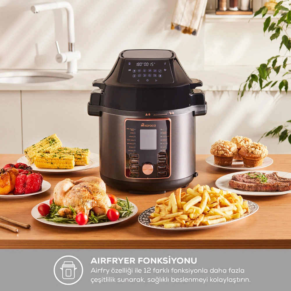 Karaca Cooker 2 in 1 Çok Amaçlı Basınçlı Pişirici Akıllı Elektrikli Düdüklü Tencere ve Airfryer Matte Black 6L görseli 2
