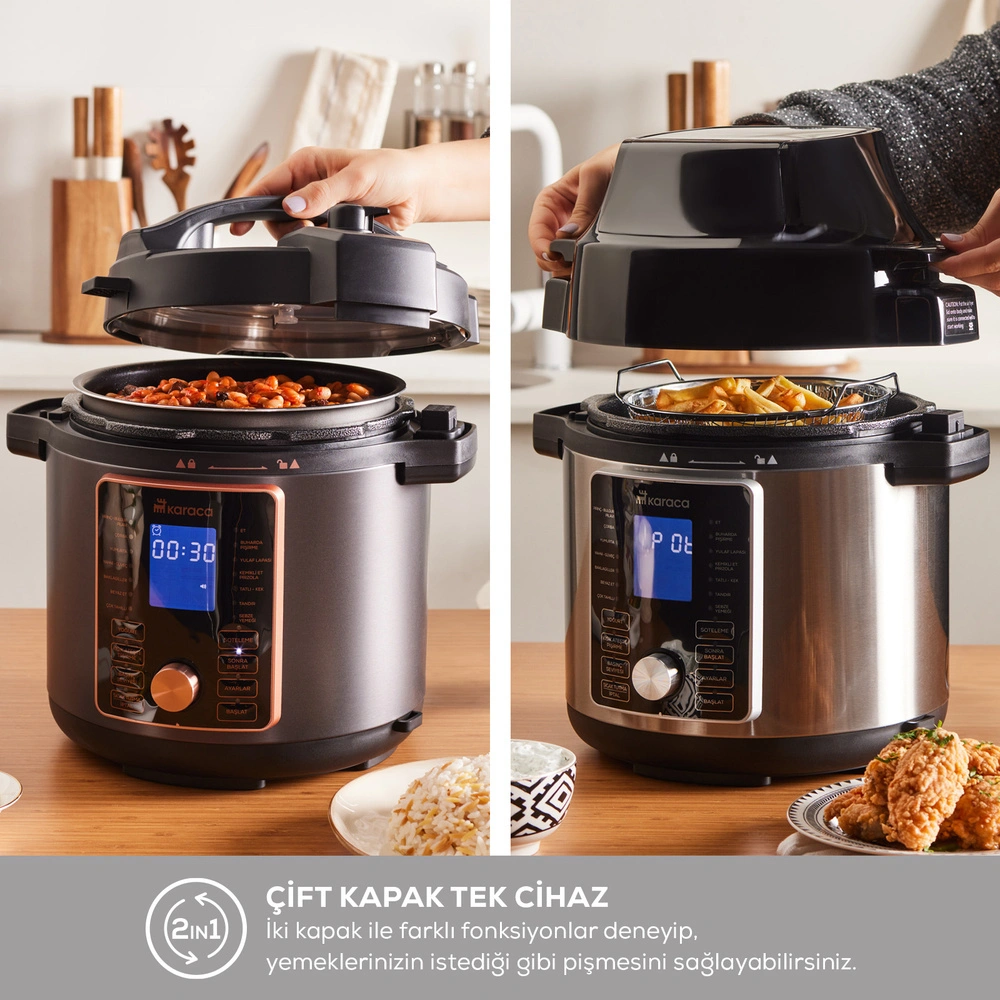 Karaca Cooker 2 in 1 Çok Amaçlı Basınçlı Pişirici Akıllı Elektrikli Düdüklü Tencere ve Airfryer Matte Black 6L görseli 4
