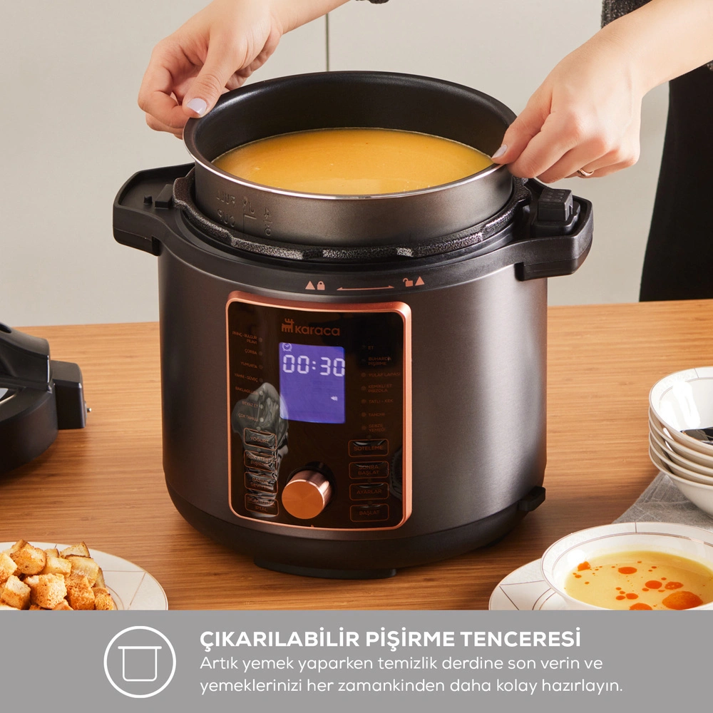 Karaca Cooker 2 in 1 Çok Amaçlı Basınçlı Pişirici Akıllı Elektrikli Düdüklü Tencere ve Airfryer Matte Black 6L görseli 8