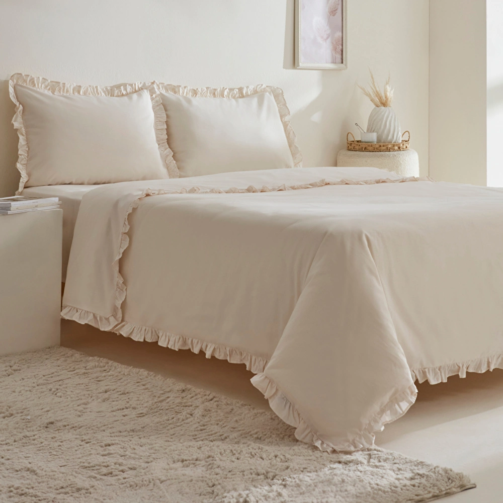 Karaca Home Pure Ruffle %100 Pamuk Çift Kişilik Fırfırlı Nevresim Takımı Ekru görseli 2