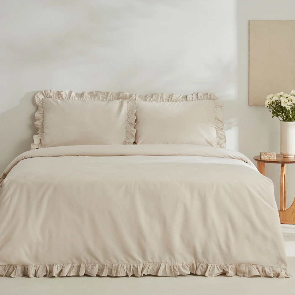 Karaca Home Pure Ruffle %100 Pamuk Çift Kişilik Fırfırlı Nevresim Takımı Ekru görseli 1