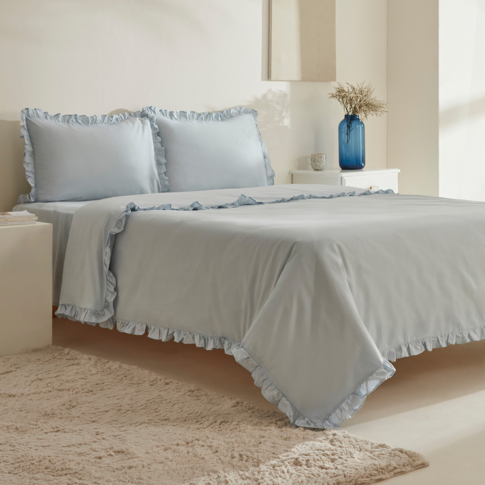 Karaca Home Pure Ruffle %100 Pamuk Çift Kişilik Fırfırlı Nevresim Takımı Açık Mavi görseli 2