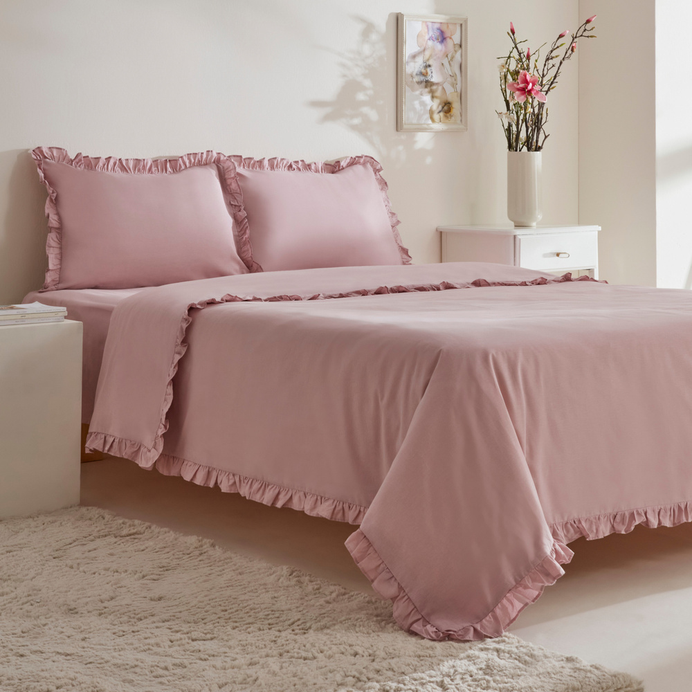Karaca Home Pure Ruffle %100 Pamuk Çift Kişilik Fırfırlı Nevresim Takımı Pudra görseli 2