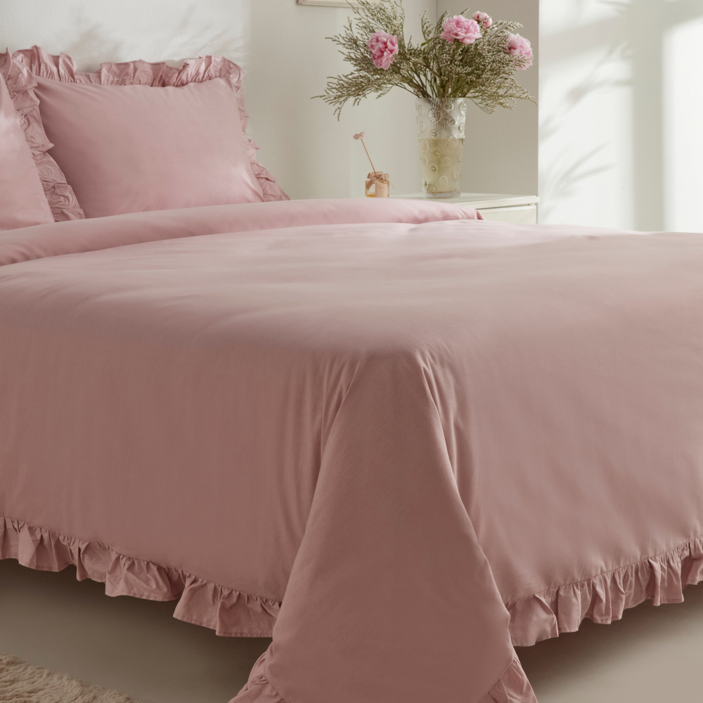 Karaca Home Pure Ruffle %100 Pamuk Çift Kişilik Fırfırlı Nevresim Takımı Pudra görseli 4