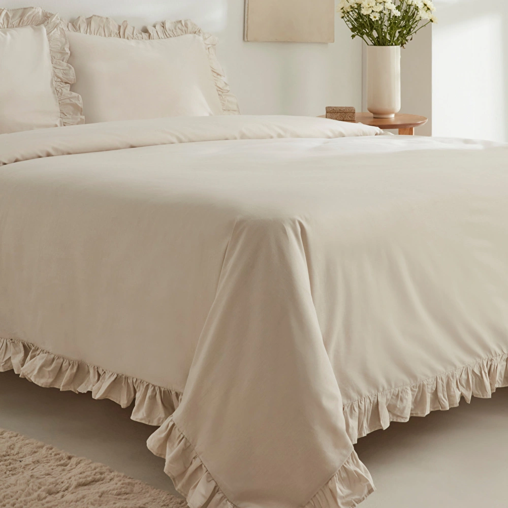 Karaca Home Pure Ruffle %100 Pamuk King Size Fırfırlı Nevresim Takımı Ekru görseli 4
