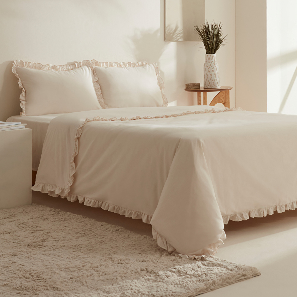Karaca Home Pure Ruffle %100 Pamuk Çift Kişilik Fırfırlı Nevresim Takımı Açık Bej görseli 2