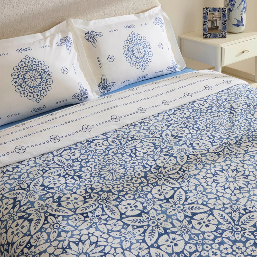 Karaca Home Ida %100 Pamuk Çift Kişilik Pike Takımı Mavi görseli 3