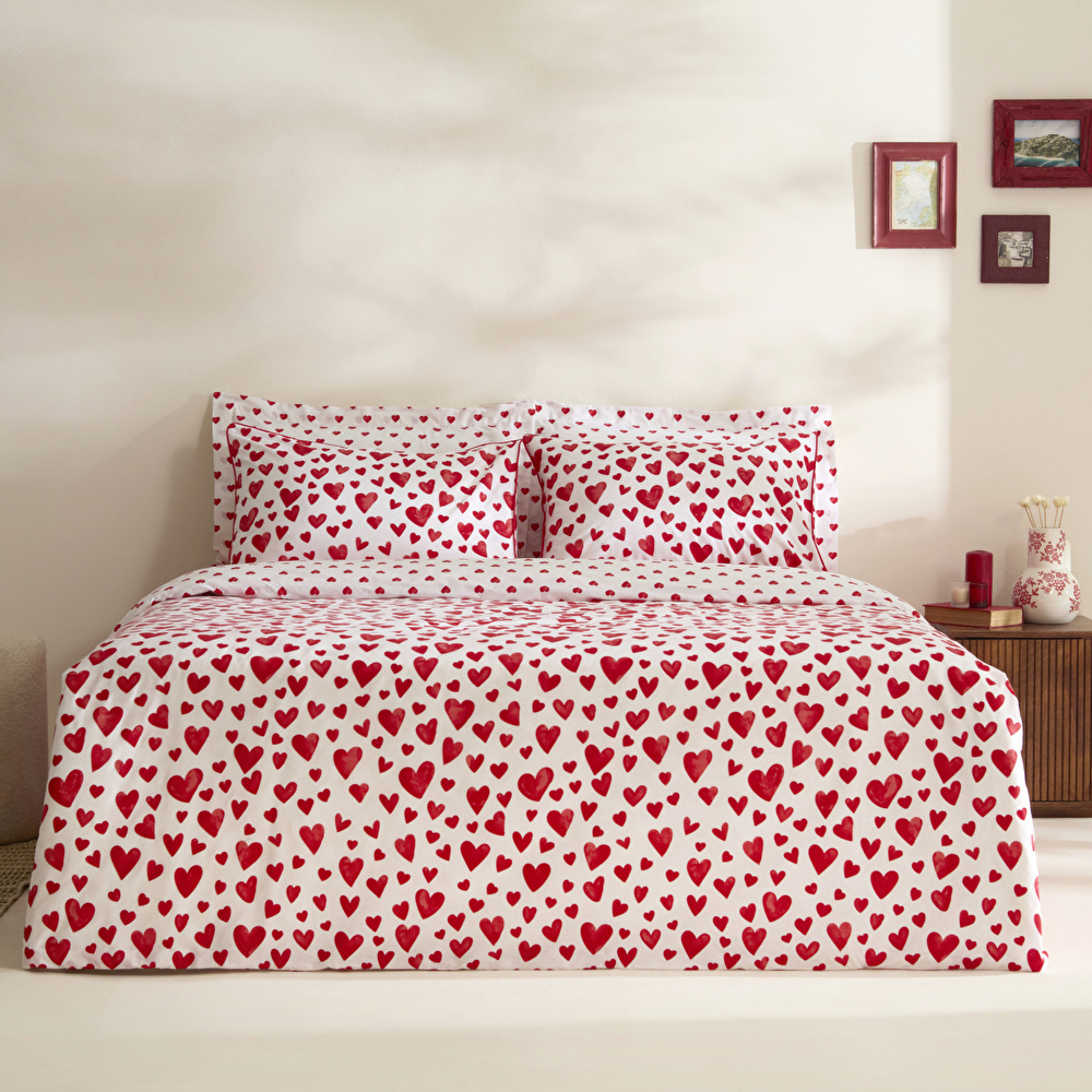 Karaca Home Amour Bliss Kalp Desenli %100 Pamuk Çift Kişilik Nevresim Takımı Kırmızı görseli 1