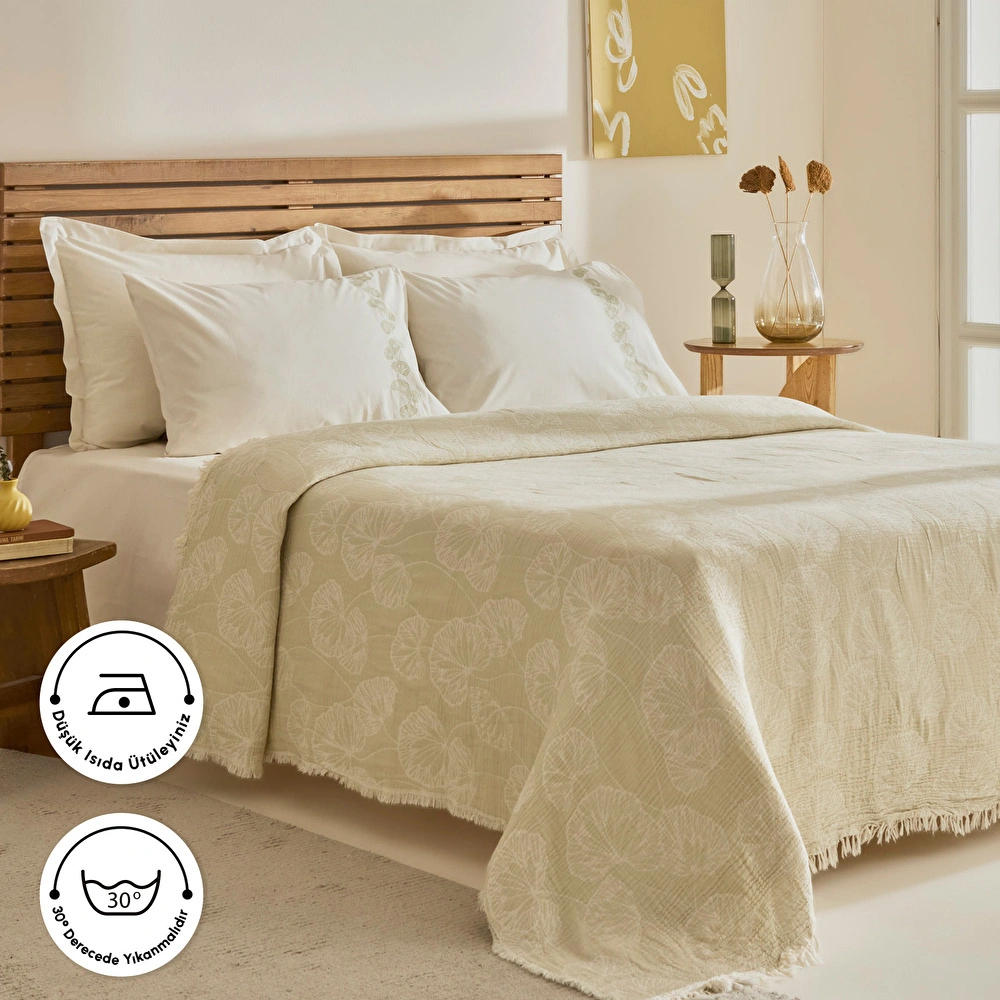 Karaca Home Ginkgo Leaf Müslin Nakışlı Çift Kişilik Pike Takımı Adaçayı görseli 5