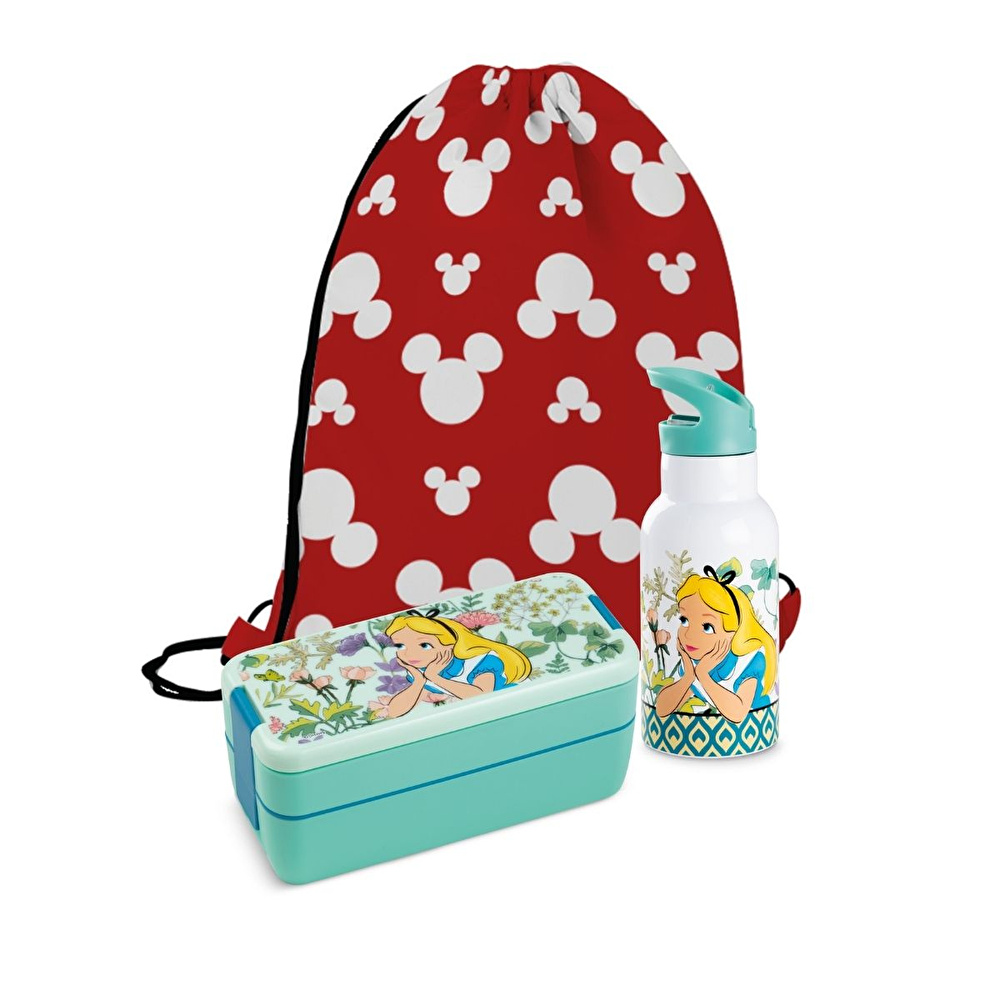 Egan Italy Disney Alice Tales Set Beslenme Kutusu Termos Şişe ve Beslenme Çanta Seti görseli 1