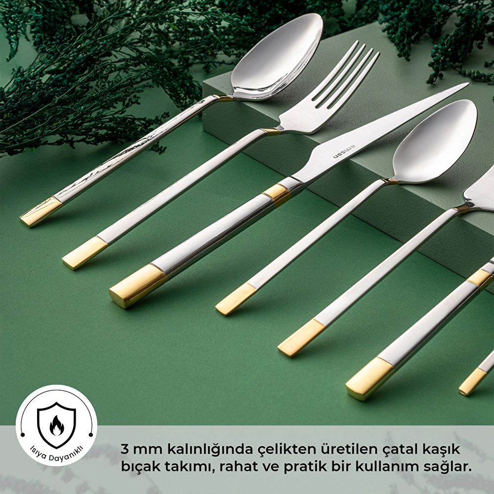 Emsan Elegance Duru Gold 84 Parça 12 Kişilik Lüks Kutulu Çatal Kaşık Bıçak Takımı görseli 2