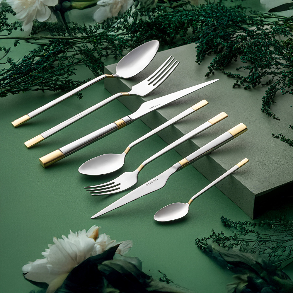 Emsan Elegance Duru Gold 84 Parça 12 Kişilik Lüks Kutulu Çatal Kaşık Bıçak Takımı görseli 3