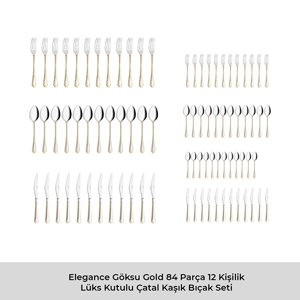 Emsan Elegance Göksu Gold 84 Parça 12 Kişilik Lüks Kutulu Çatal Kaşık Bıçak Seti görseli 5