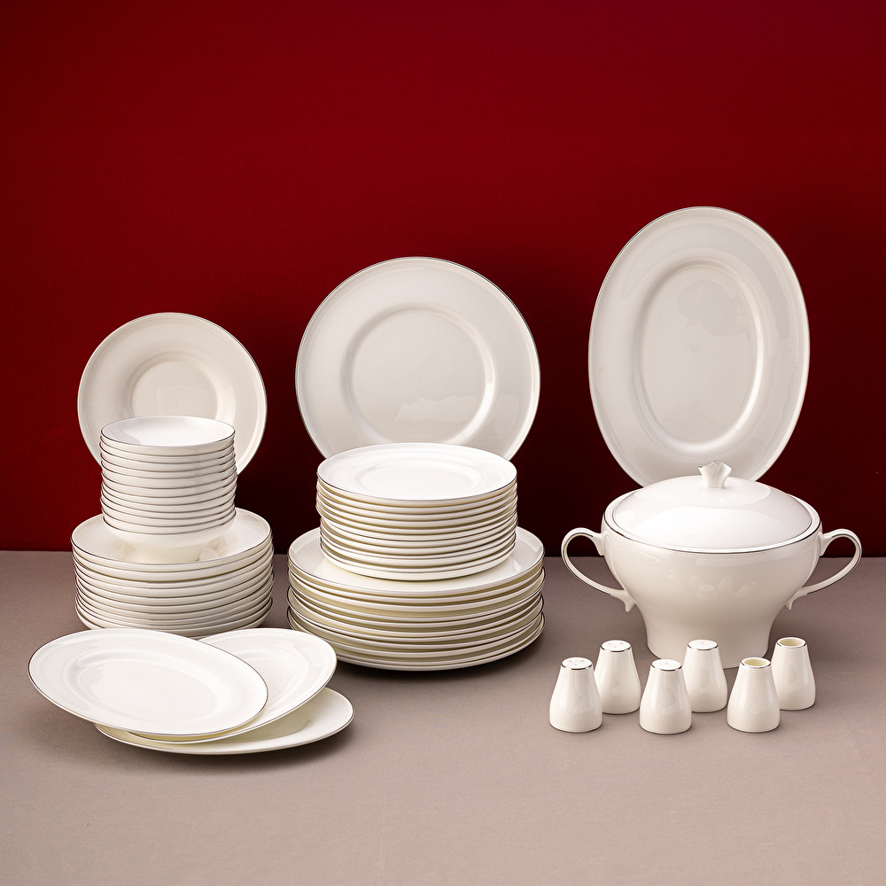 Emsan Alicia Fine Bone 60 Parça 12 Kişilik Yuvarlak  Yemek Takımı Platin görseli 1