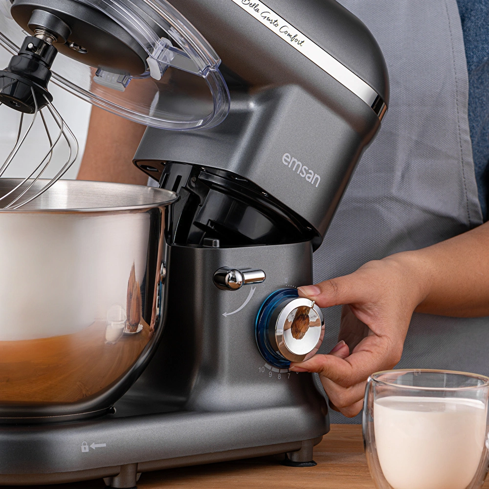 Emsan Bella Gusto Comfort Kıyma Çekme Aparatlı Hamur Yoğurma Makinesi Gri 1300W 5,5L görseli 3