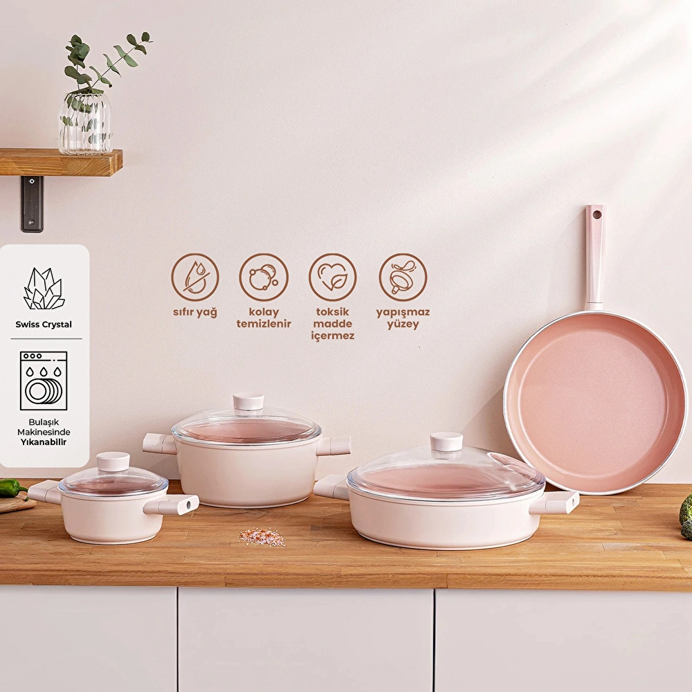 Emsan Swiss Crystal 7 Parça Tencere Seti Pembe görseli 1