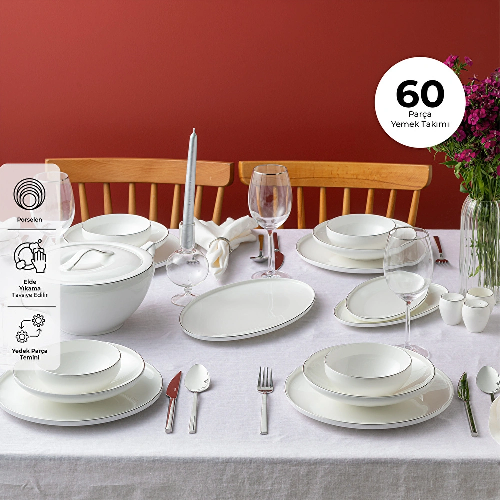 Emsan Fine Bone Freya 60 Parça 12 Kişilik Yuvarlak Yemek Takımı Platin görseli 1