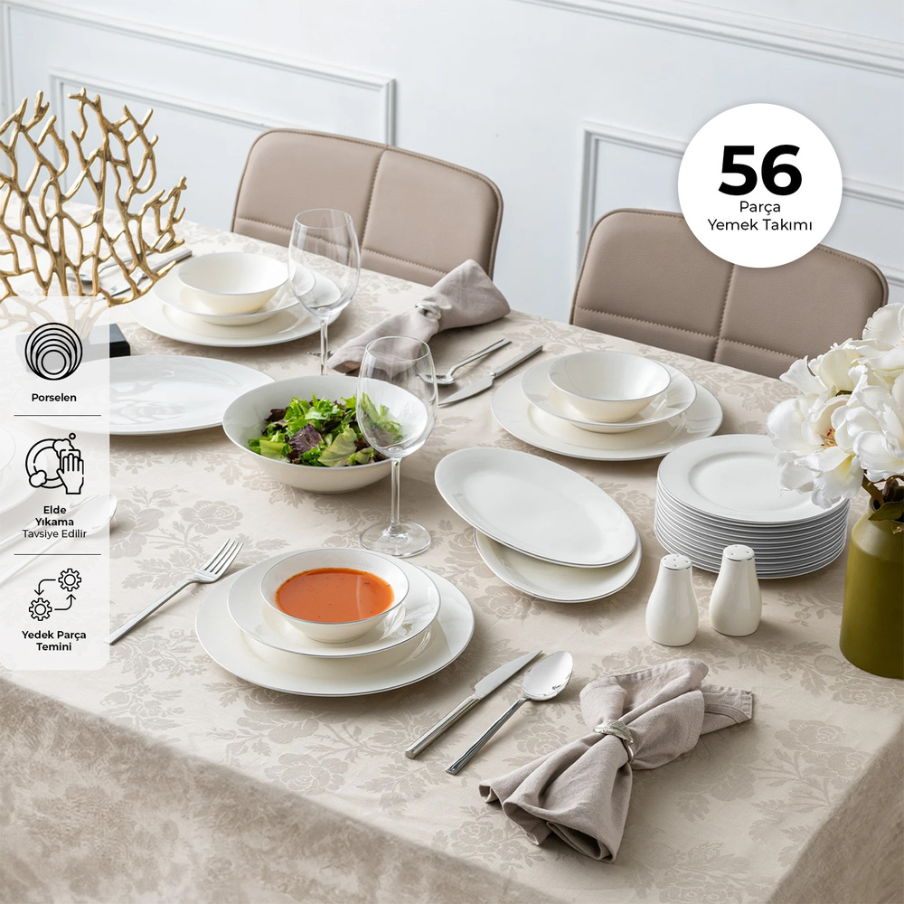 Emsan New Bone Frezya 56 Parça 12 Kişilik Yuvarlak Yemek Takımı Platin görseli 1