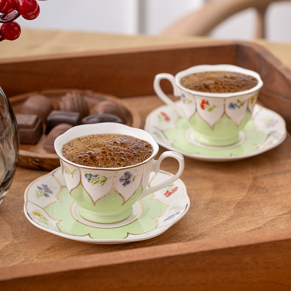Emsan Kır Çiçekleri 2 Kişilik Kahve Fincan Takımı Yeşil 80 ml görseli 1