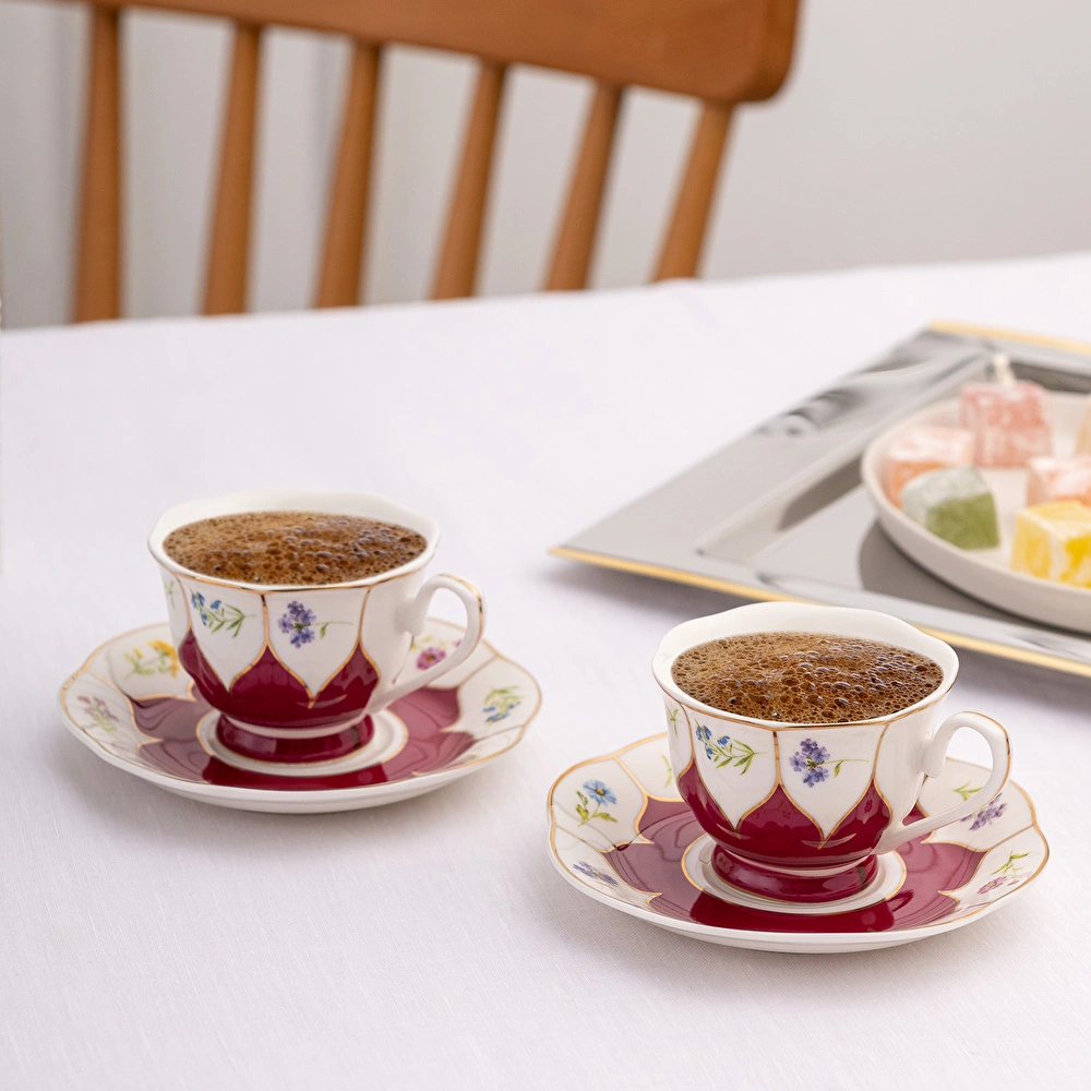 Emsan Kır Çiçekleri 2 Kişilik Kahve Fincan Takımı Bordo 80 ml görseli 1