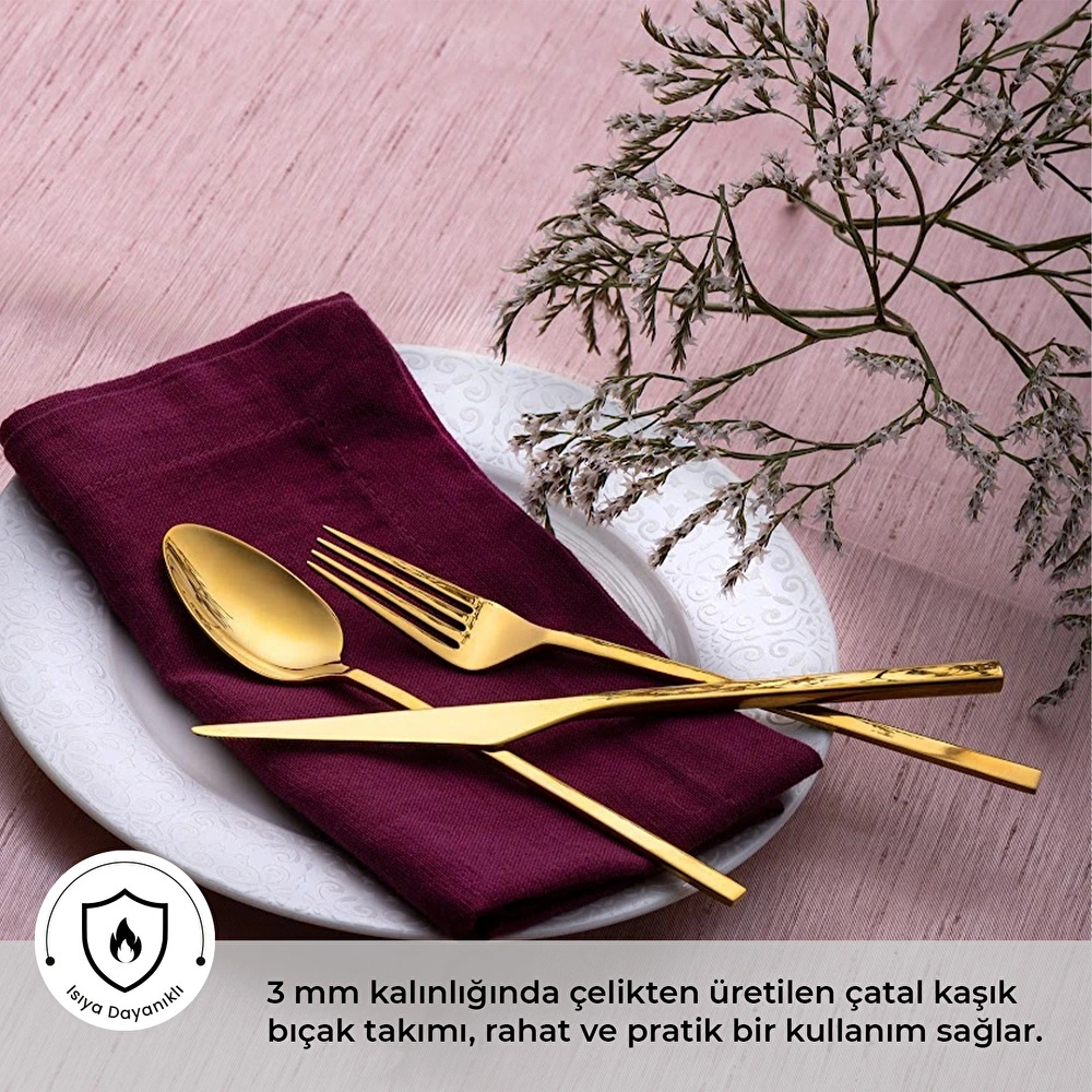 Emsan Alba 18 Parça Parlak Gold Tatlı Kutulu Çatal Kaşık Bıçak Takımı görseli 2