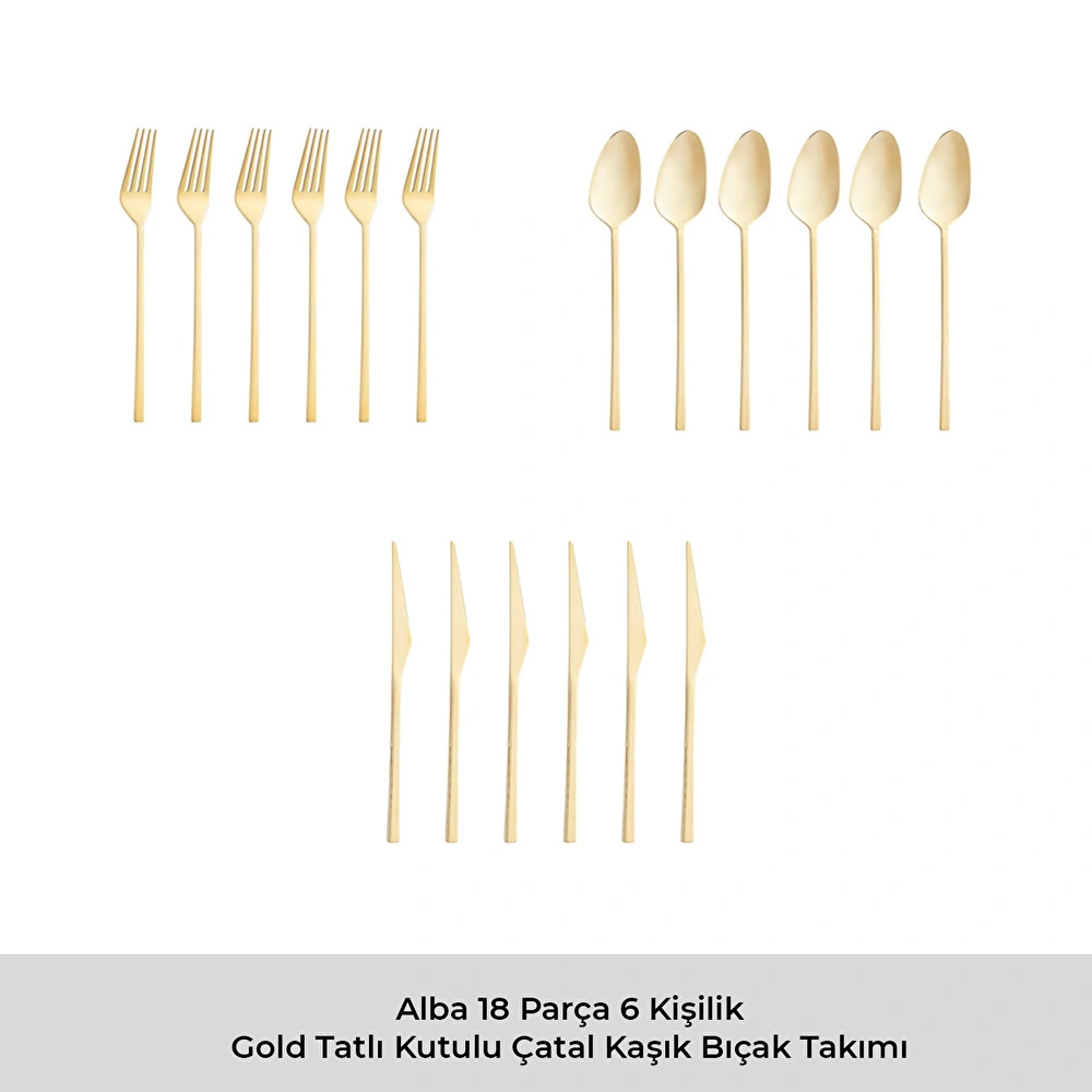 Emsan Alba 18 Parça Parlak Gold Tatlı Kutulu Çatal Kaşık Bıçak Takımı görseli 3