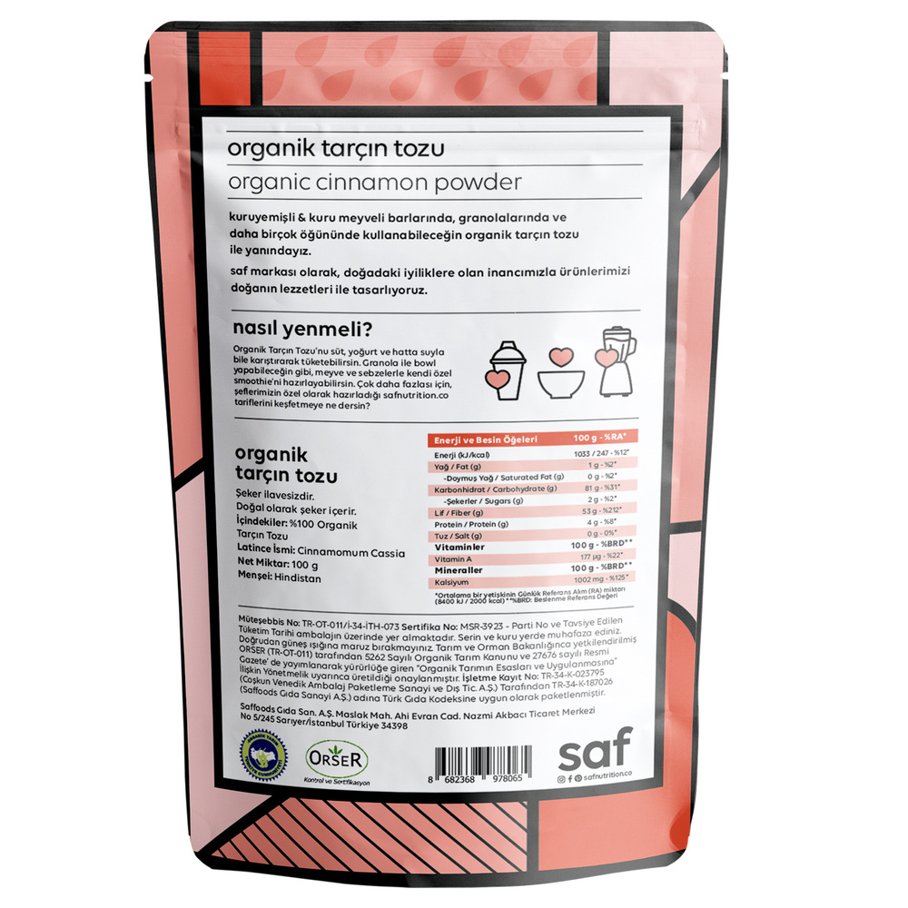 Saf Nutrition Organik Tarçın Tozu 100 G görseli 2