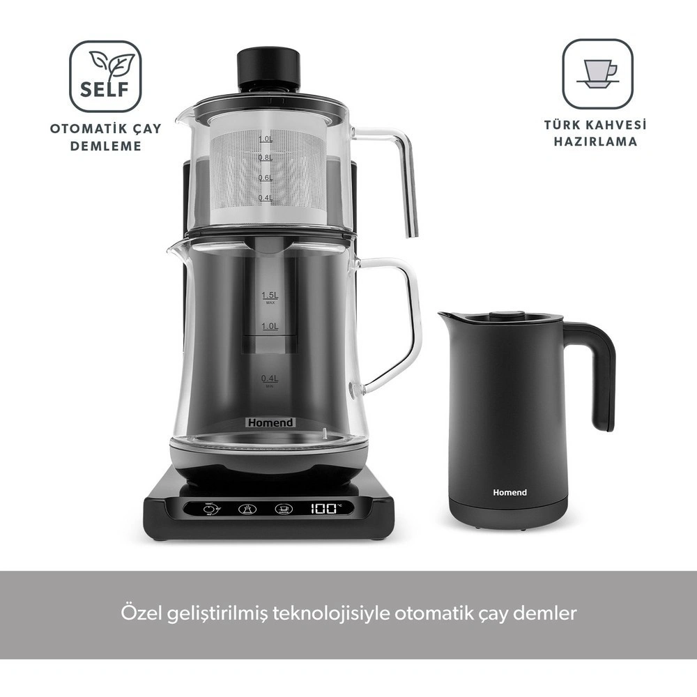 Homend Smart Royaltea Plus 2 in 1 Otomatik Çay ve Türk Kahve Makinesi Siyah görseli 2