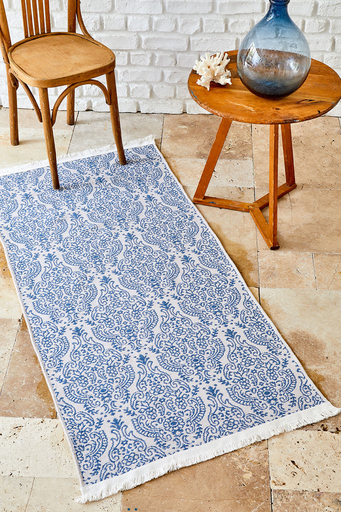 Karaca Home Bej Lacivert Çift Taraflı Kilim görseli 1
