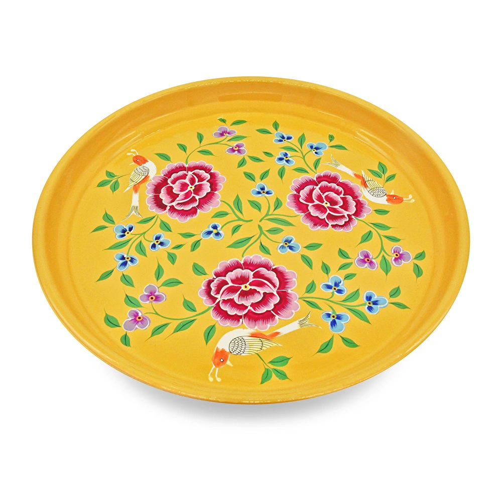 3rd Culture Kuşlu Sarı Yuvarlak Tepsi görseli 1