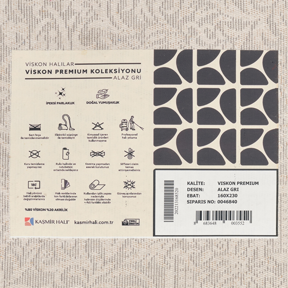 Kaşmir Halı Viskon Premium Alaz Gri 160x230 cm görseli 7