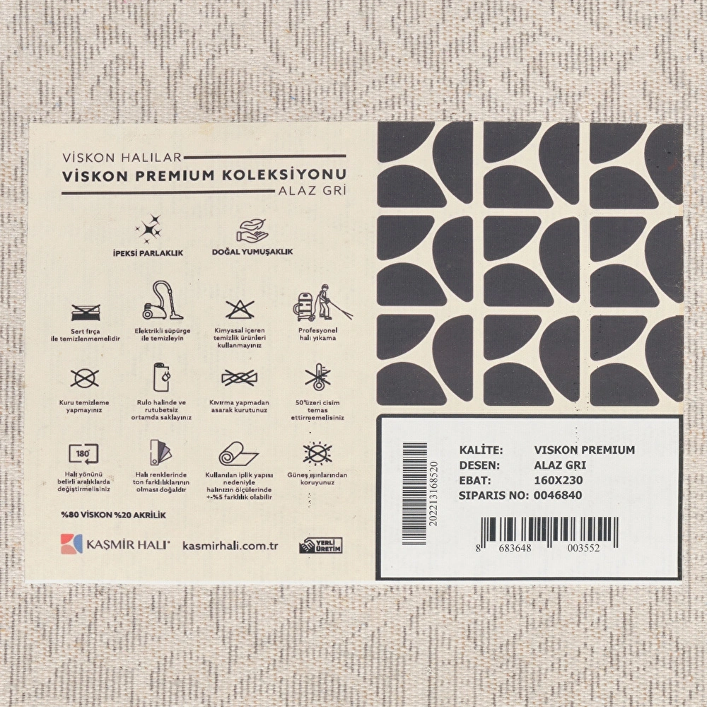Kaşmir Halı Viskon Premium Alaz Gri 200x290 cm görseli 7