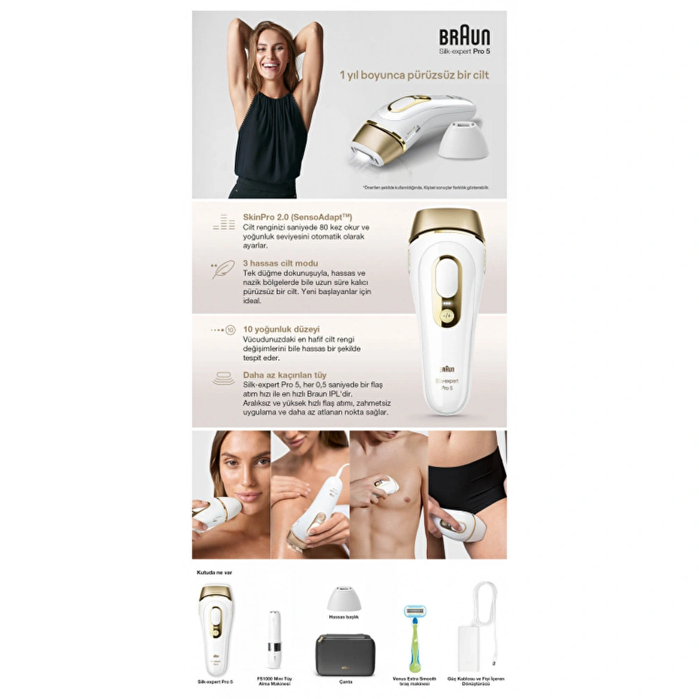Braun Ipl Silk Expert Pro 5 Evde Tüy Alma Çantası Hediyeli Lazer Epilasyon Aleti Beyaz Gold görseli 9