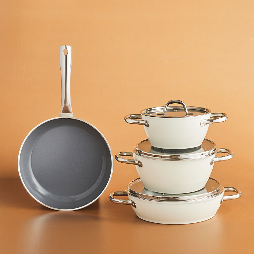 Karaca x Refika Swiss Crystal Creamy Metal Kulplu 7 Parça Tencere Seti Krem