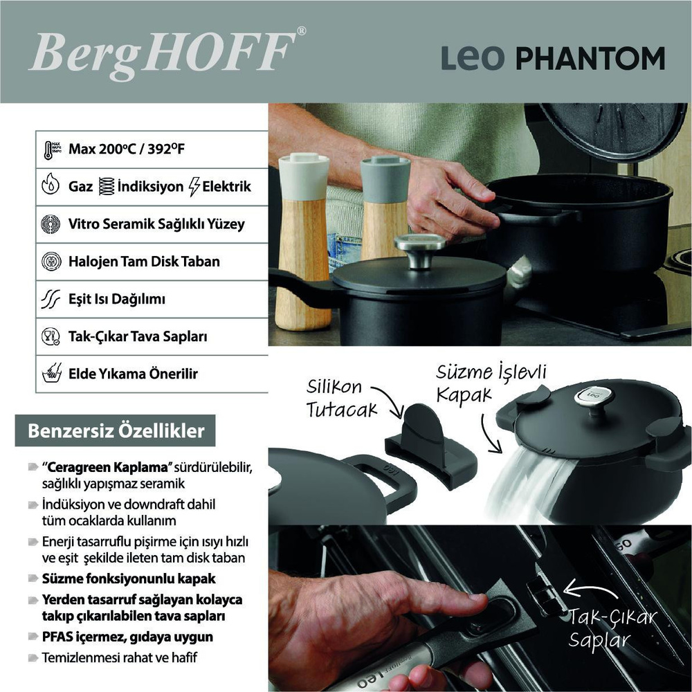 Berghoff Leo Phantom Yapışmaz Kapaklı Derin Tencere 28 Cm görseli 4