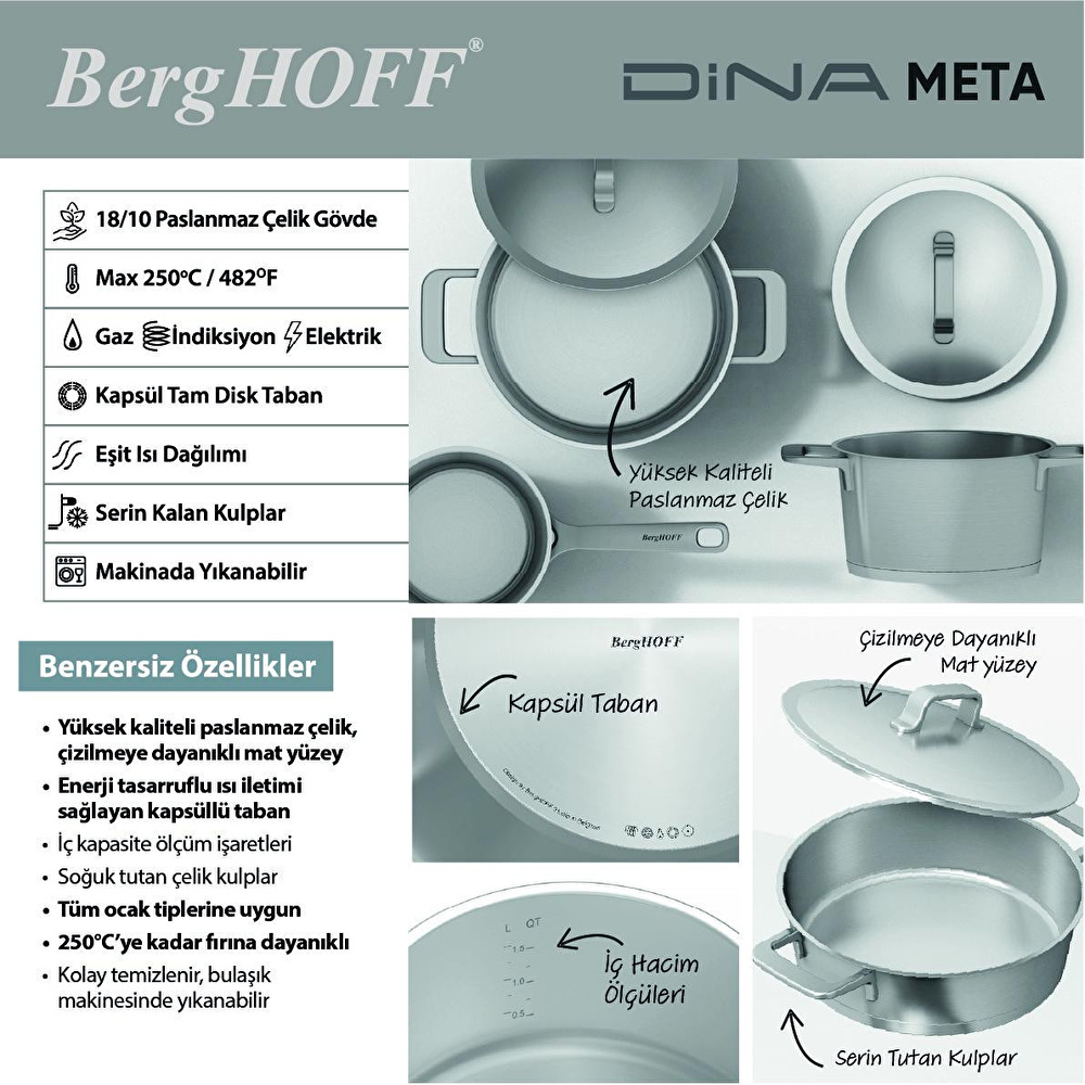 Berghoff Dina Helix 7 Parçalı Paslanmaz Çelik Tencere Seti görseli 5