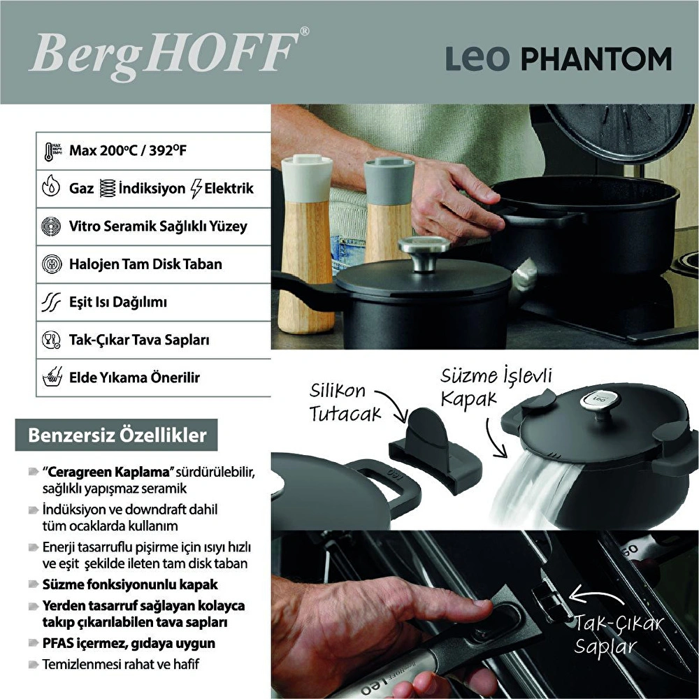 Berghoff Leo Phantom Yapışmaz Kapaklı Tencere 24 Cm görseli 4