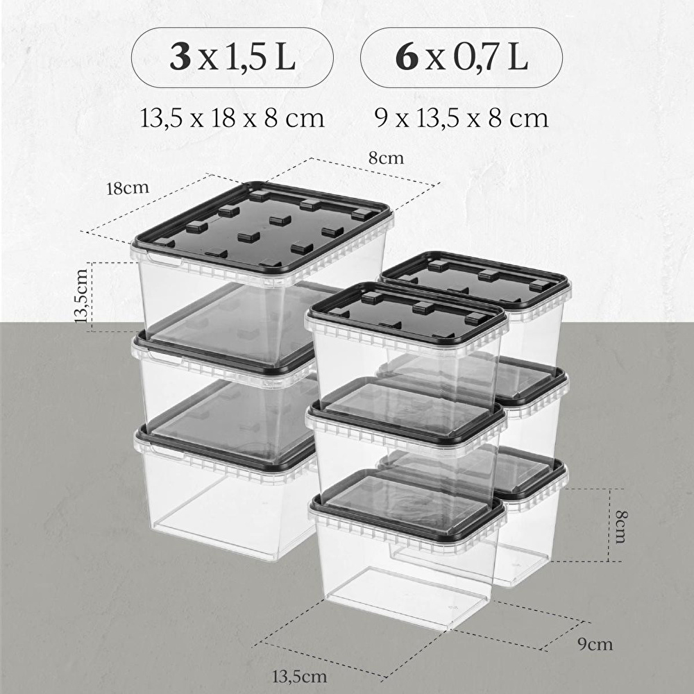 Vienev 9'lu Block Buzdolabı Ve Derin Dondurucu Sızdırmaz Saklama Kabı Şeffaf Antrasit 3x(1,5 Lt)-6x(0,7 Lt) görseli 3