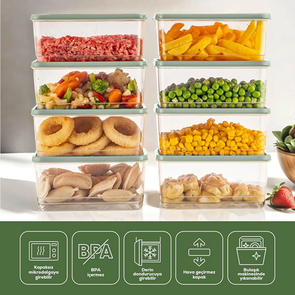 Vienev 8'li Buzdolabı Düzenleyici Organizer Mikrodalgaya Uygun Difriz Saklama Kabı Mint görseli 3