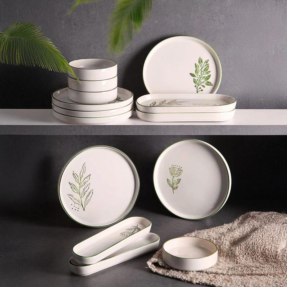Vienev 14 Parça 6 Kişilik Handmade Yeşil Çiçek Kahvaltı Takımı