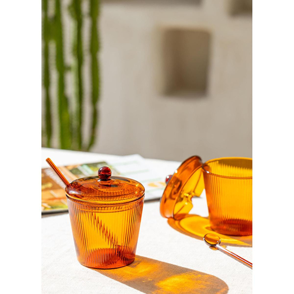 The Mia Striped Cam Kaşıklı Şekerlik Amber 10x12 Cm görseli 3