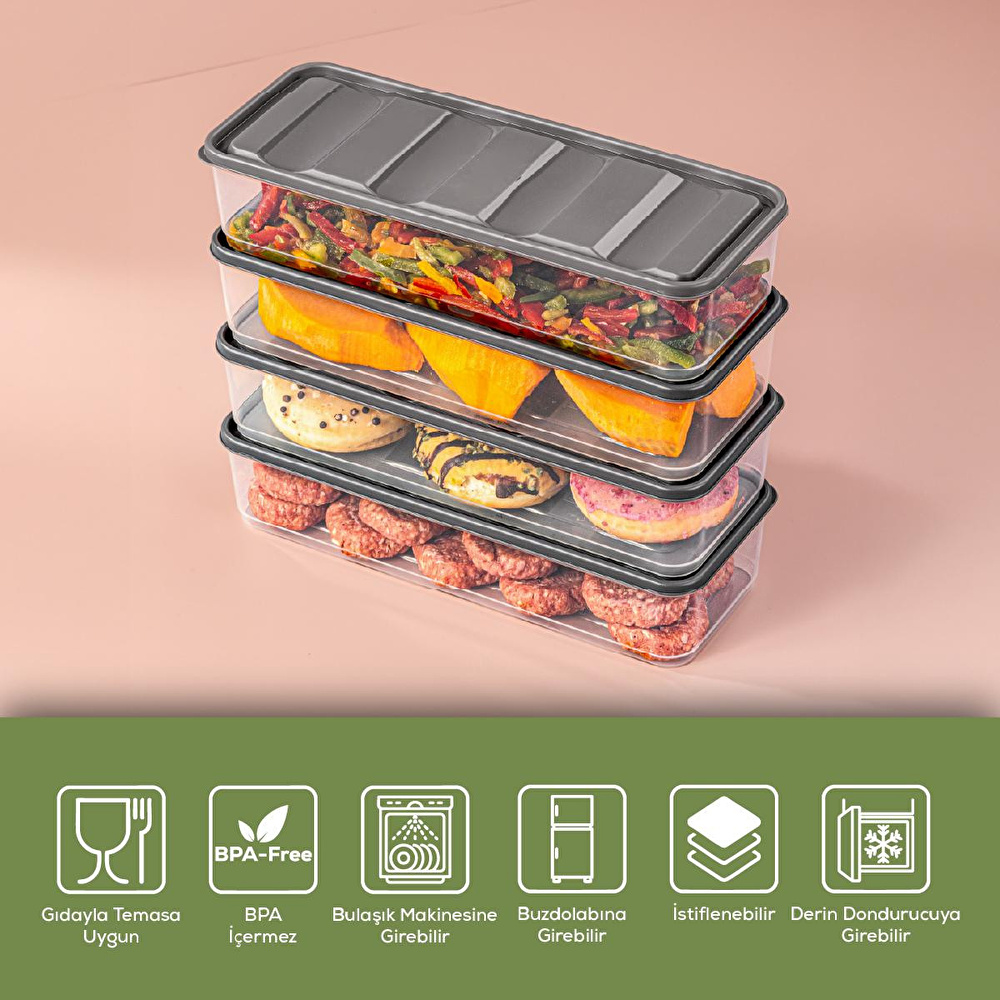 Vienev 4'lü 1,65 Litre Buzdolabı Düzenleyici Organizer Mikrodalgaya Uygun Difriz Saklama Kabı Gri görseli 4