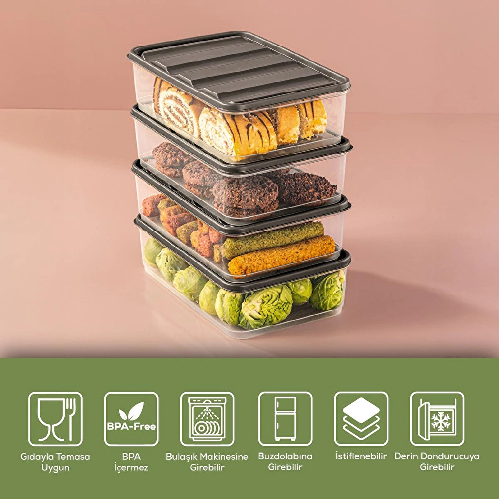 Vienev 4'lü 1,75 Litre Buzdolabı Düzenleyici Organizer Mikrodalgaya Uygun Difriz Saklama Kabı Gri görseli 4