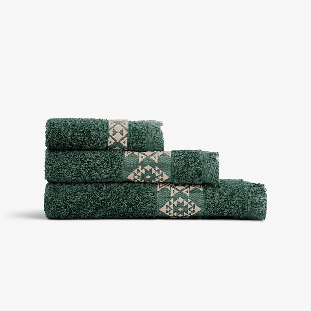 Green Black Hereke Heritage Serisi 3’lü Havlu Seti Bej Bordürlü Yeşil, %100 Ege Pamuğu, Jakarlı Dokuma görseli 1