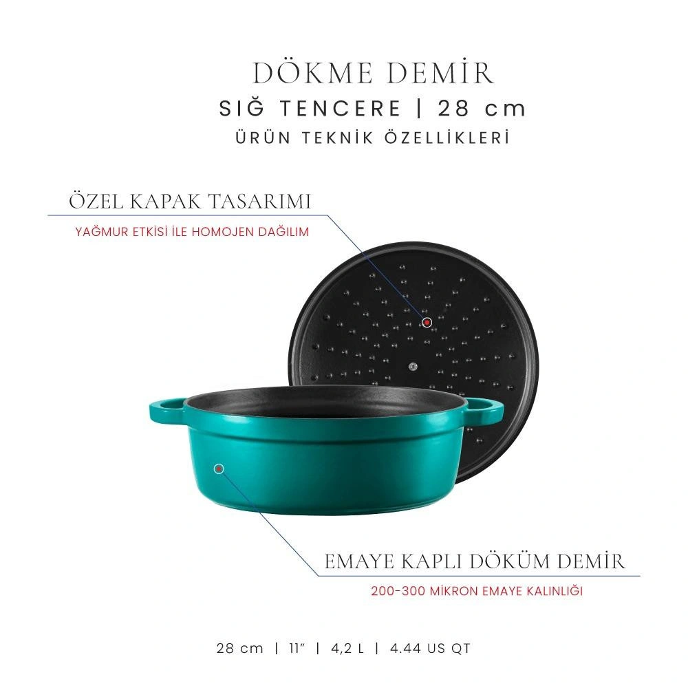 Voeux Kitchenware Profond Turkuaz Sığ Döküm Tencere 28 Cm görseli 3